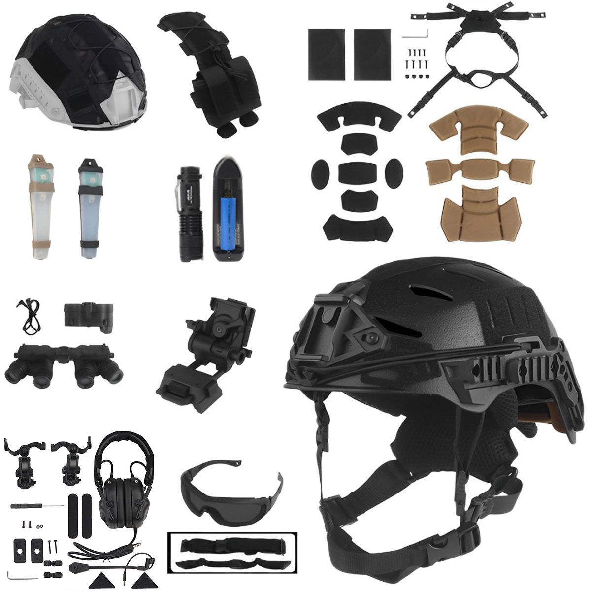 Outdoor Hunting Movies - 戦術ヘルメットセット 通信ヘッドセット付き ナイトビジョンモデル懐中電灯 屋外狩猟 エアソフト射撃 映画小道具用