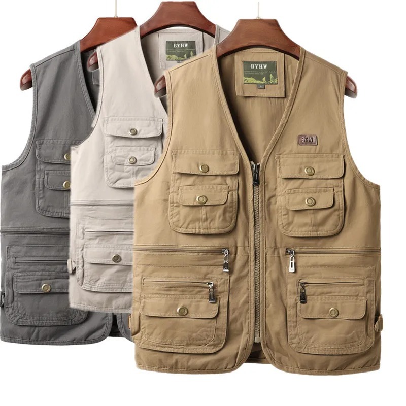 Safari Outdoor Hunting Jackets - メンズベスト マルチポケット ノースリーブジャケット 男性用 カーゴ アウトドア