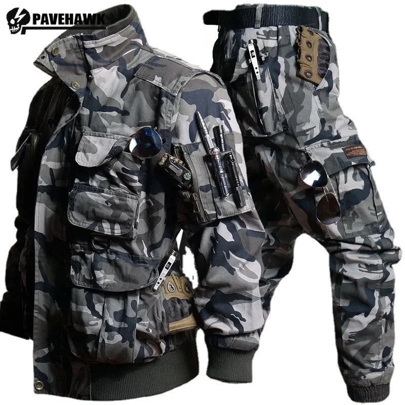 Safari Outdoor Hunting Jackets - メンズ迷彩セットマルチポケットタクティカルジャケット + 狩猟カーゴパンツ 2 個アウトドア耐摩耗性防風トレーニングスーツ新