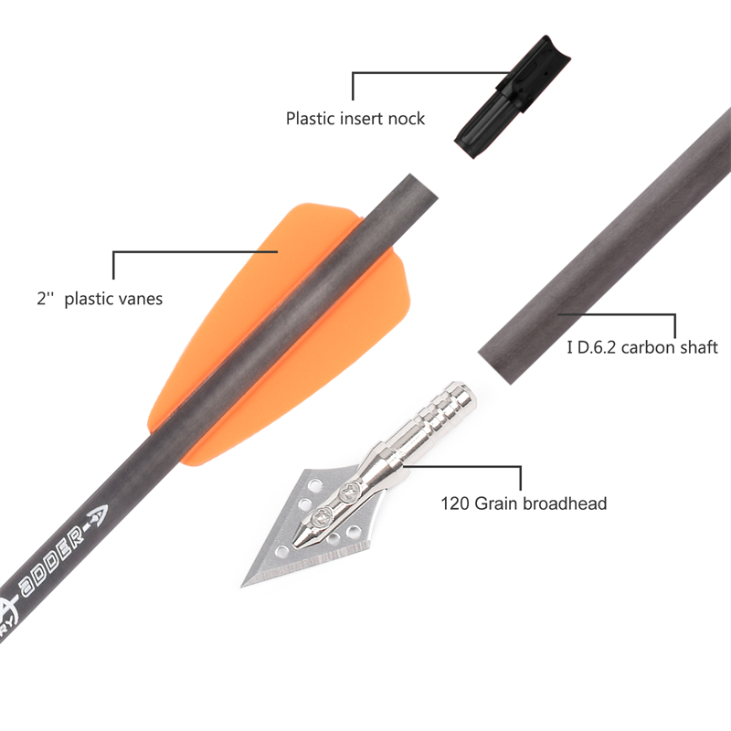 Crossbow Bolt Broadhead - 6本入り R9 7.5インチ カーボンクロスボウボルト矢、スチールブロードヘッド矢、50-80LBSのアウトドアスポーツアーチェリーハンティング矢に適しています