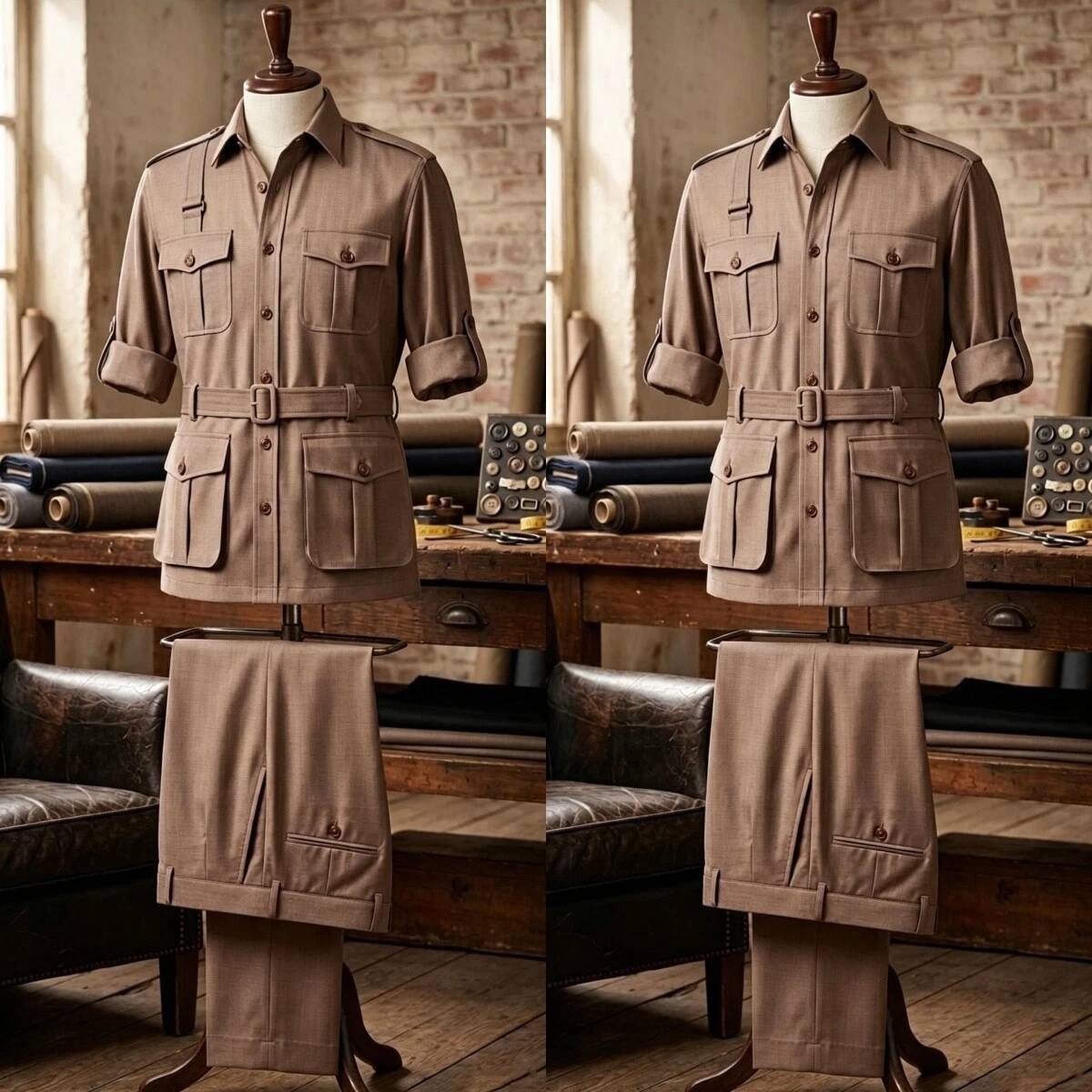 Safari Outdoor Hunting Jackets - カーキ2ピースメンズサファリスーツヴィンテージハンティングジャケットベルト付きコートアウトドアカーゴブレザーパンツビジネスオフィスカスタムメイド
