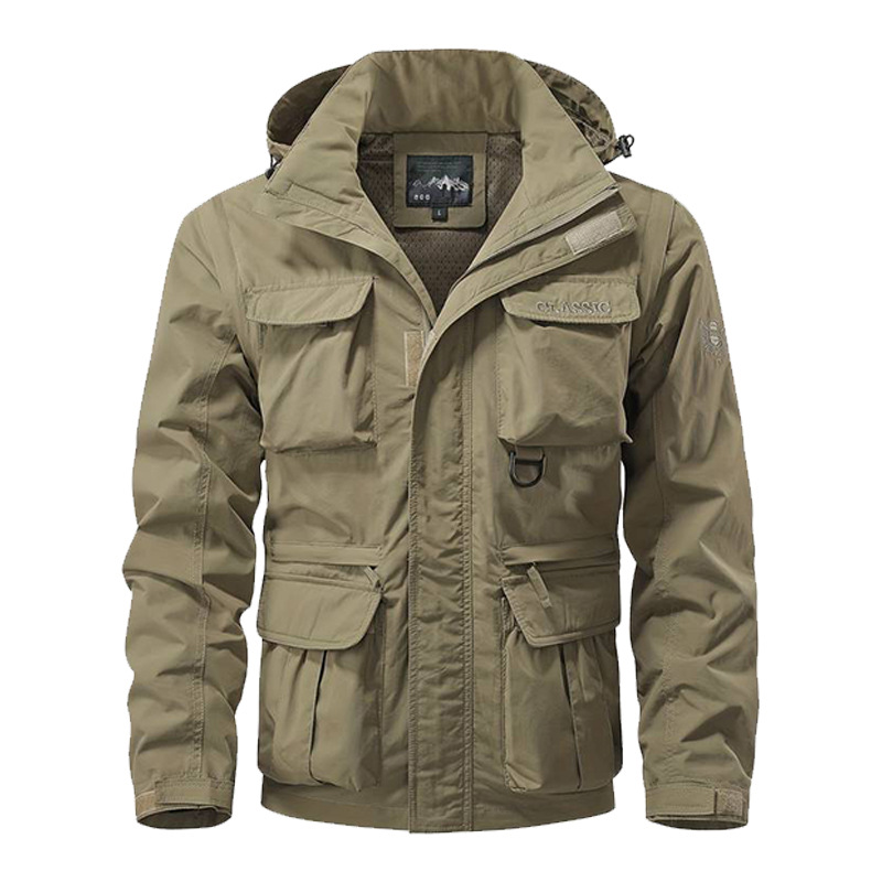 Safari Outdoor Hunting Jackets - 取り外し可能な袖付き防風フードジャケット男性用アウトドアアーミータクティカルジャケット多ポケット防水メンズハンティングクライミングコート