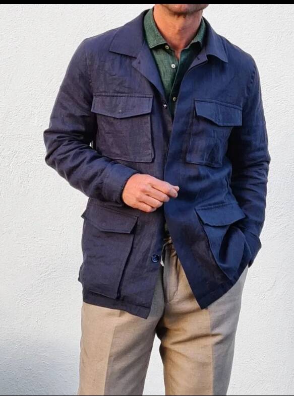 ヴィンテージリネンメンズサファリネイビーハンティングジャケッ - Safari Outdoor Hunting Jackets のレビューと価格